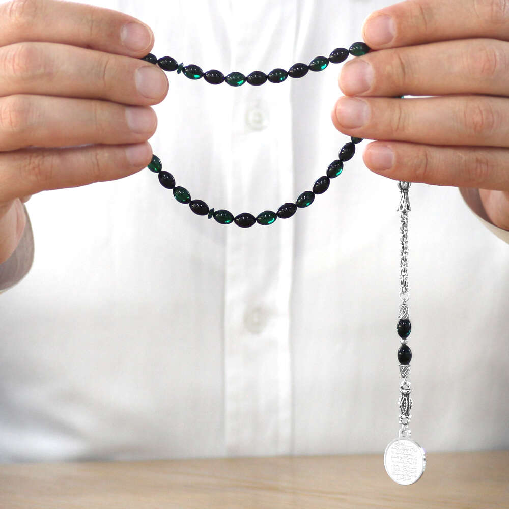 Ateş Kehribar Tesbih - Metal Püsküllü - Turkuaz Siyah Renk - Ayetel Kürsi Uçlu İsme Özel Yazılı - 3