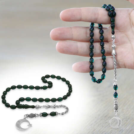 Ateş Kehribar Tesbih - Metal Püsküllü - Zümrüt Yeşil - Ayyıldız Uçlu İsme Özel Yazılı - Arpa Kesim - Tesbihane