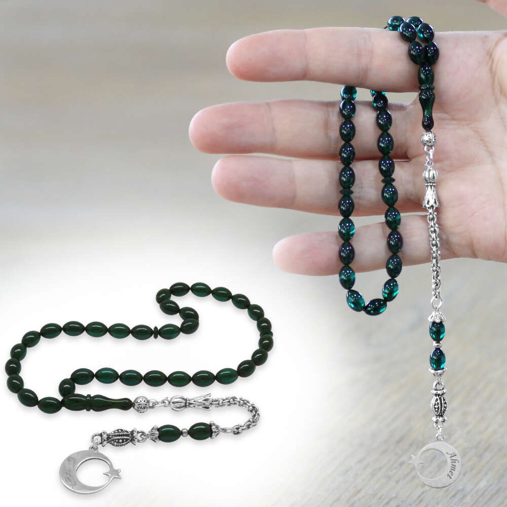 Ateş Kehribar Tesbih - Metal Püsküllü - Zümrüt Yeşil - Ayyıldız Uçlu İsme Özel Yazılı - Arpa Kesim - 1