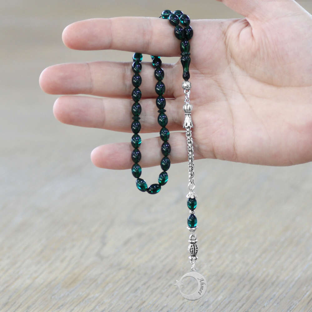 Ateş Kehribar Tesbih - Metal Püsküllü - Zümrüt Yeşil - Ayyıldız Uçlu İsme Özel Yazılı - Arpa Kesim - 2