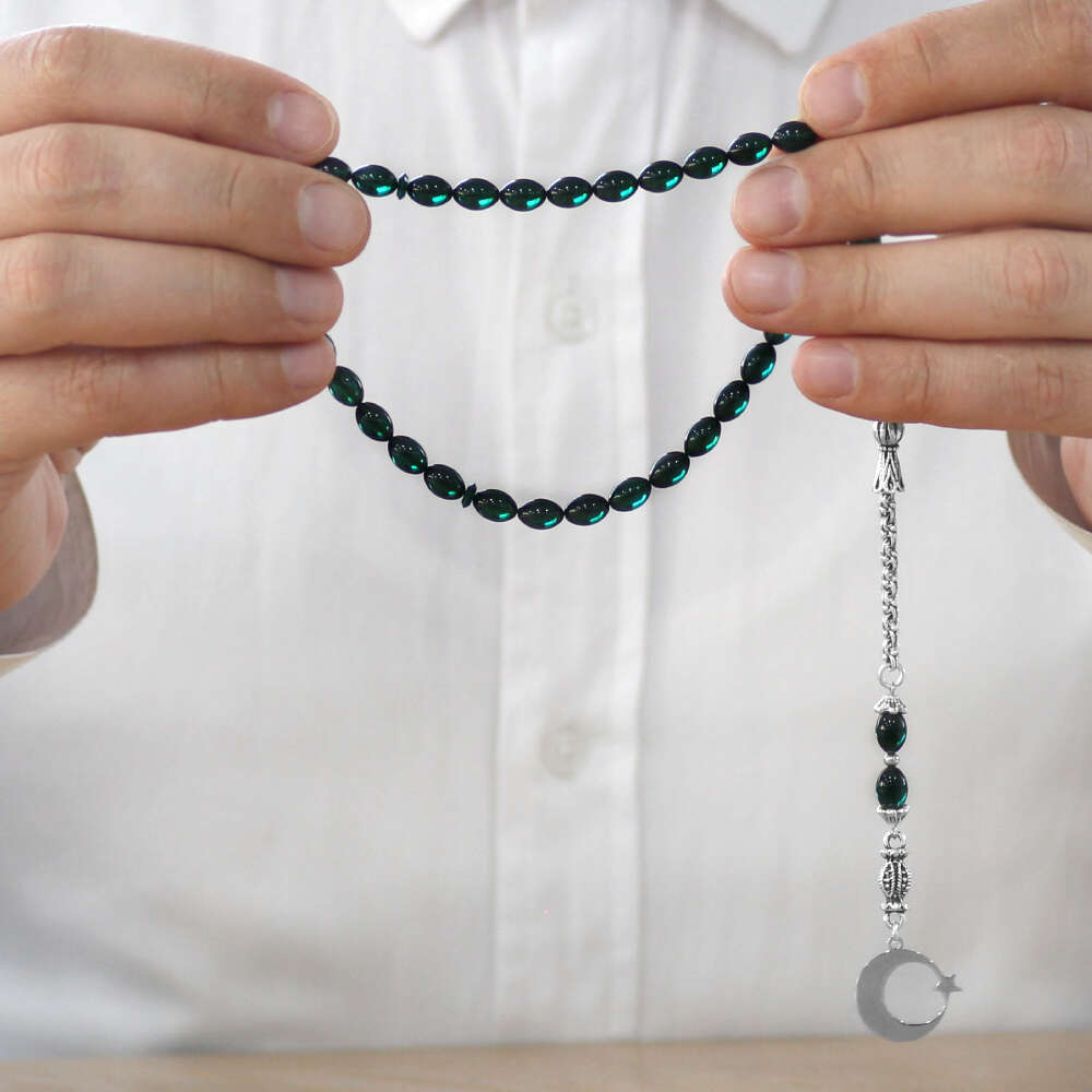 Ateş Kehribar Tesbih - Metal Püsküllü - Zümrüt Yeşil - Ayyıldız Uçlu İsme Özel Yazılı - Arpa Kesim - 3