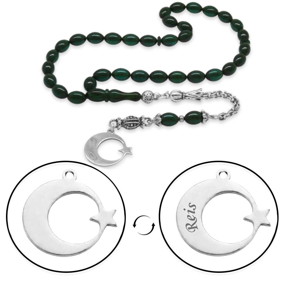 Ateş Kehribar Tesbih - Metal Püsküllü - Zümrüt Yeşil - Ayyıldız Uçlu İsme Özel Yazılı - Arpa Kesim - 4