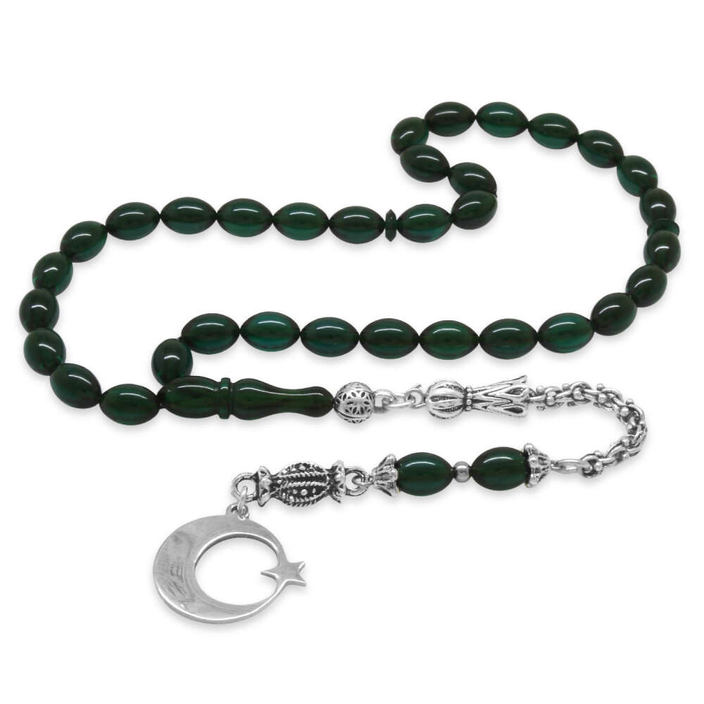 Ateş Kehribar Tesbih - Metal Püsküllü - Zümrüt Yeşil - Ayyıldız Uçlu İsme Özel Yazılı - Arpa Kesim - 5