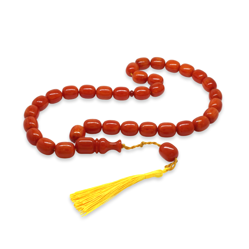 Ateş Kehribar Tesbih - Osmanlı Saray Püsküllü - Mega Boy - Açık Kırmızı Renk - Kapsül Kesim - 4