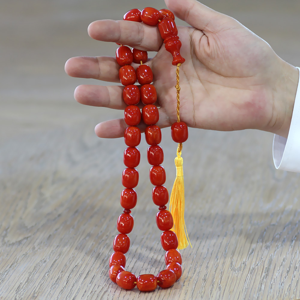 Ateş Kehribar Tesbih - Osmanlı Saray Püsküllü - Mega Boy - Açık Kırmızı Renk - Kapsül Kesim - 2