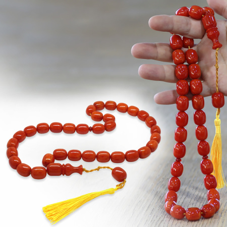 Ateş Kehribar Tesbih - Osmanlı Saray Püsküllü - Mega Boy - Açık Kırmızı Renk - Kapsül Kesim - Tesbihane