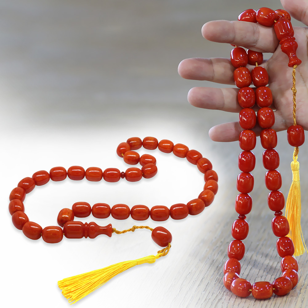 Ateş Kehribar Tesbih - Osmanlı Saray Püsküllü - Mega Boy - Açık Kırmızı Renk - Kapsül Kesim - 1