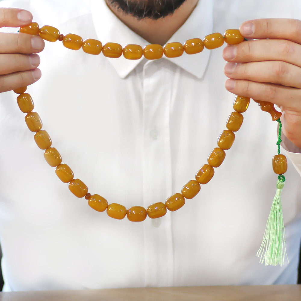 Ateş Kehribar Tesbih - Osmanlı Saray Püsküllü - Mega Boy - Sarı Renk - Kapsül Kesim - 3