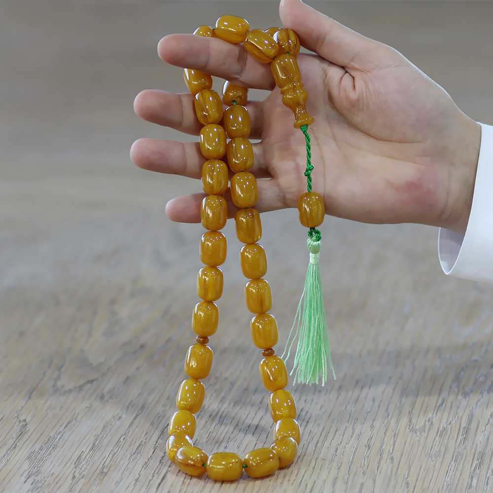 Ateş Kehribar Tesbih - Osmanlı Saray Püsküllü - Mega Boy - Sarı Renk - Kapsül Kesim - 2