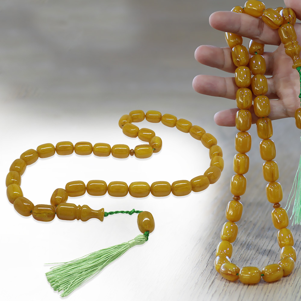 Ateş Kehribar Tesbih - Osmanlı Saray Püsküllü - Mega Boy - Sarı Renk - Kapsül Kesim - 1