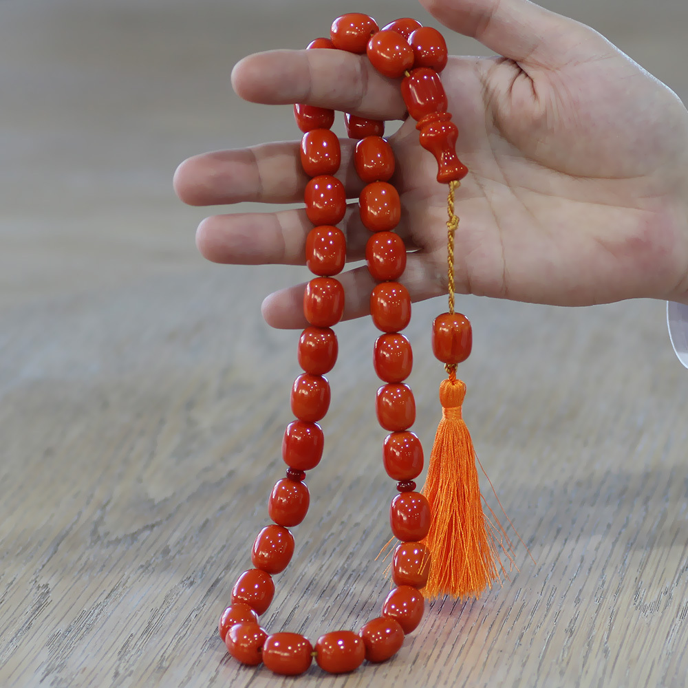 Ateş Kehribar Tesbih - Osmanlı Saray Püsküllü - Mega Boy - Turuncu Renk - Kapsül Kesim - 2