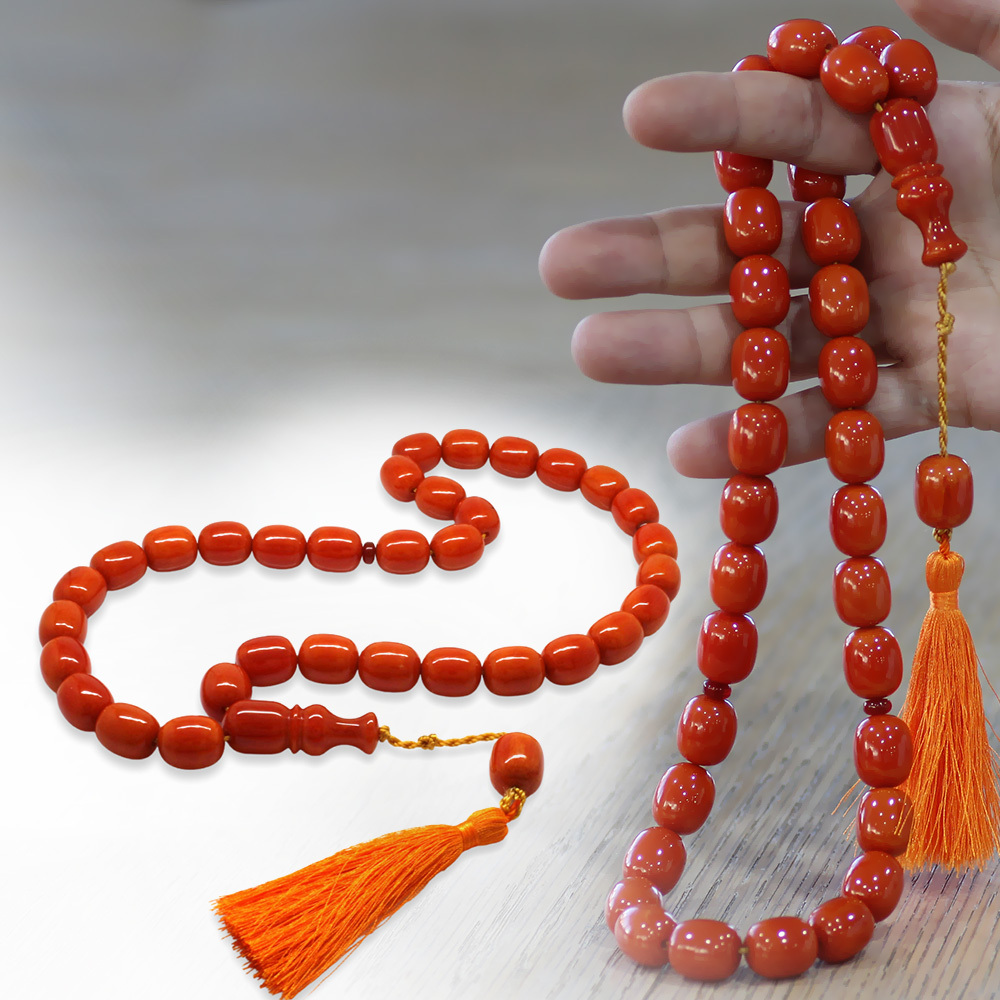 Ateş Kehribar Tesbih - Osmanlı Saray Püsküllü - Mega Boy - Turuncu Renk - Kapsül Kesim - 1