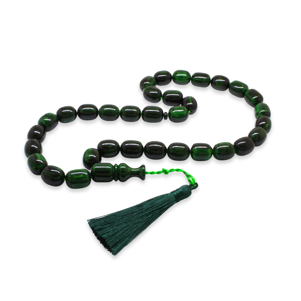 Ateş Kehribar Tesbih - Osmanlı Saray Püsküllü - Mega Boy - Yeşil Siyah Renk - Kapsül Kesim - 4