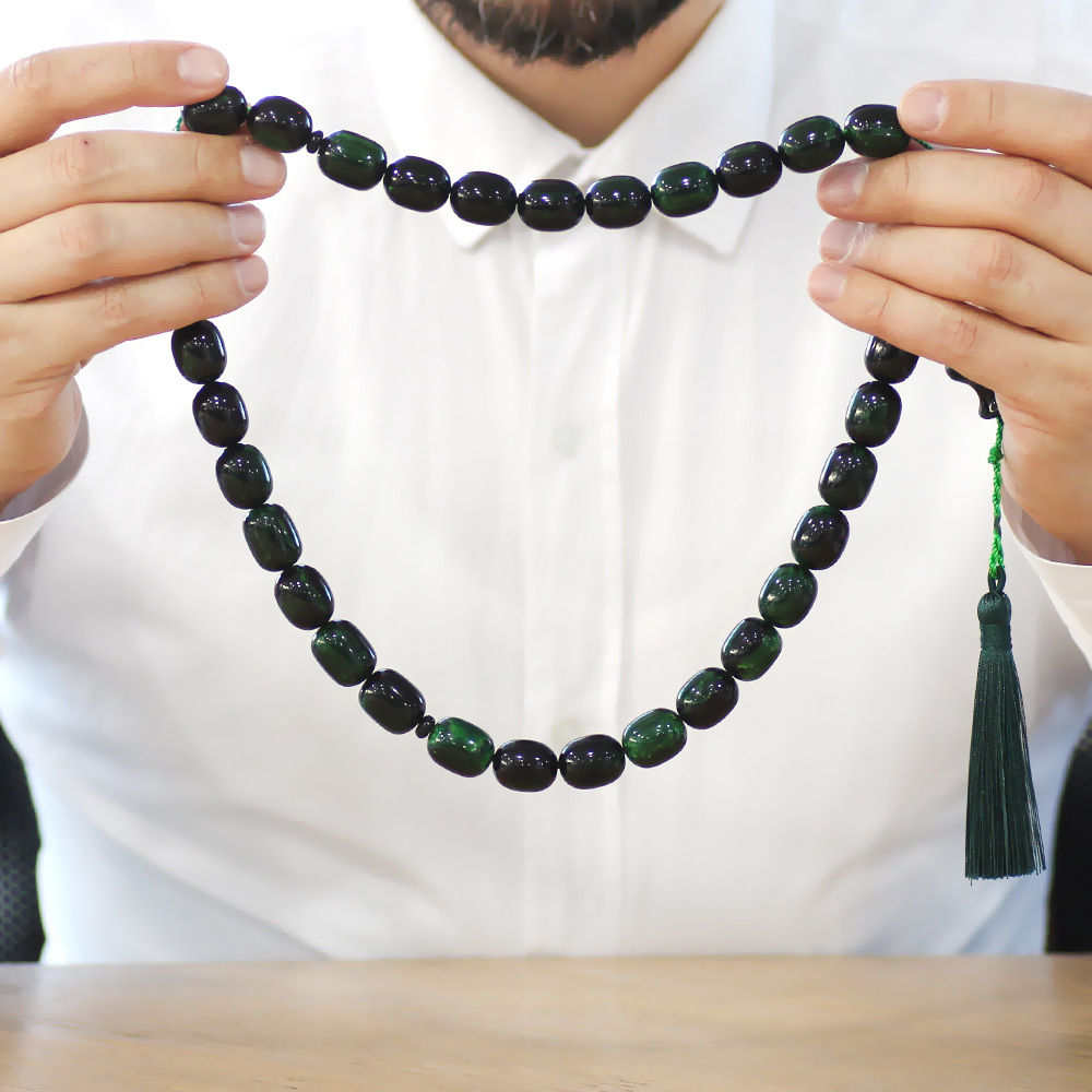 Ateş Kehribar Tesbih - Osmanlı Saray Püsküllü - Mega Boy - Yeşil Siyah Renk - Kapsül Kesim - 3