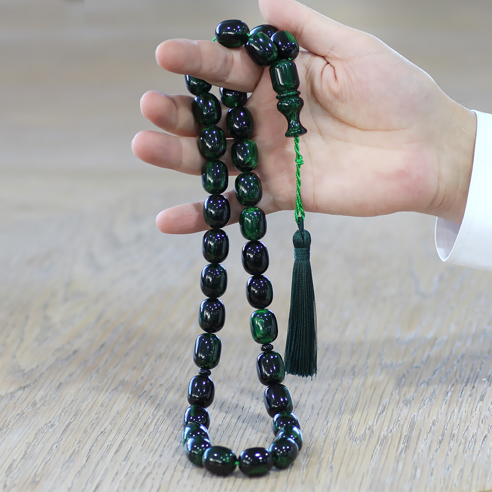 Ateş Kehribar Tesbih - Osmanlı Saray Püsküllü - Mega Boy - Yeşil Siyah Renk - Kapsül Kesim - 2