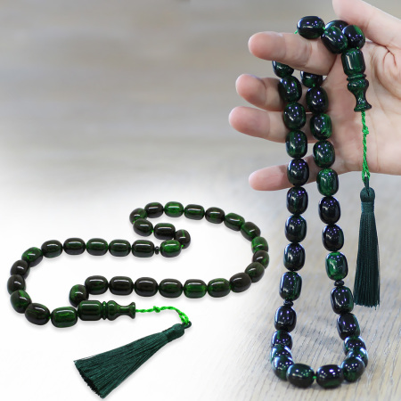 Ateş Kehribar Tesbih - Osmanlı Saray Püsküllü - Mega Boy - Yeşil Siyah Renk - Kapsül Kesim - Tesbihane