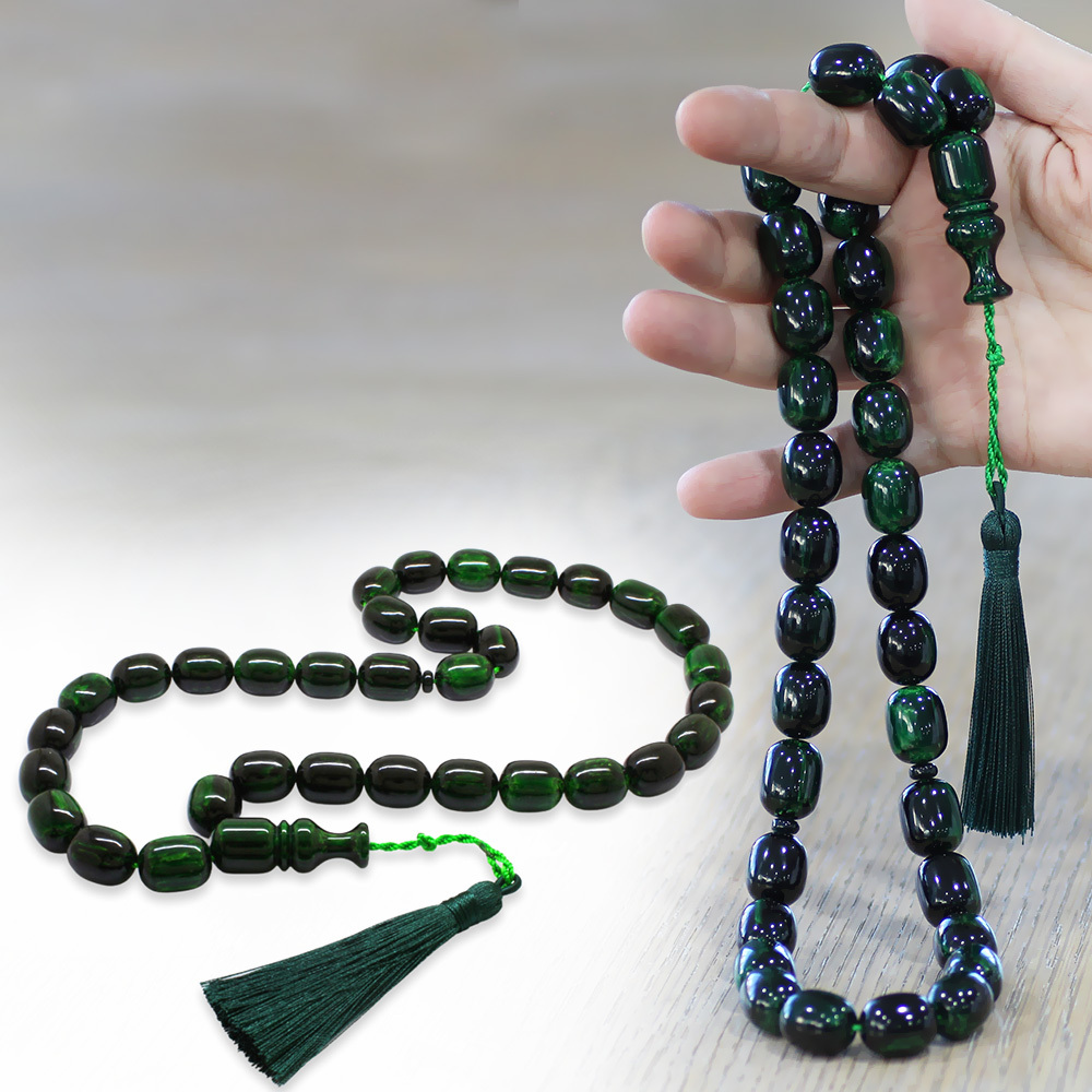 Ateş Kehribar Tesbih - Osmanlı Saray Püsküllü - Mega Boy - Yeşil Siyah Renk - Kapsül Kesim - 1