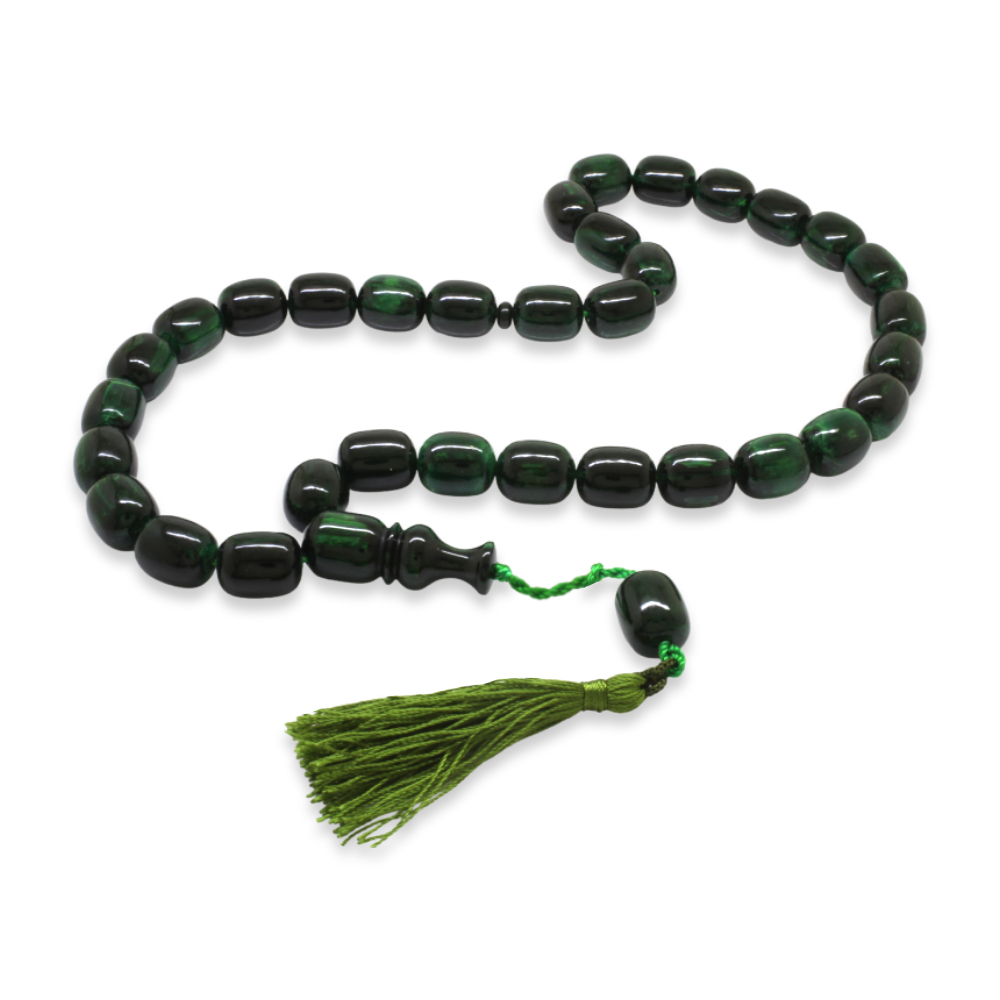 Ateş Kehribar Tesbih - Osmanlı Saray Püsküllü - Yeşil Siyah Renk - Mega Boy - Kapsül Kesim - 4