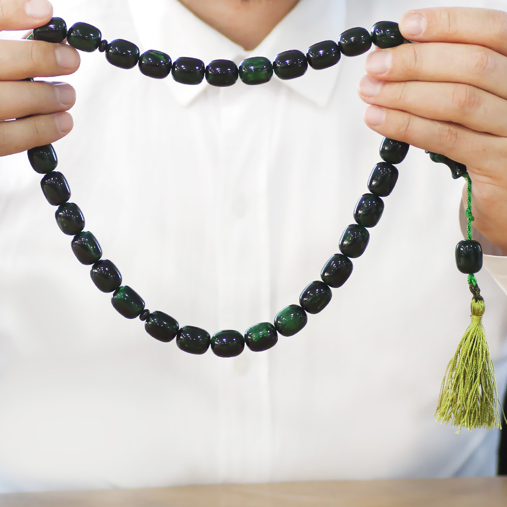 Ateş Kehribar Tesbih - Osmanlı Saray Püsküllü - Yeşil Siyah Renk - Mega Boy - Kapsül Kesim - 3