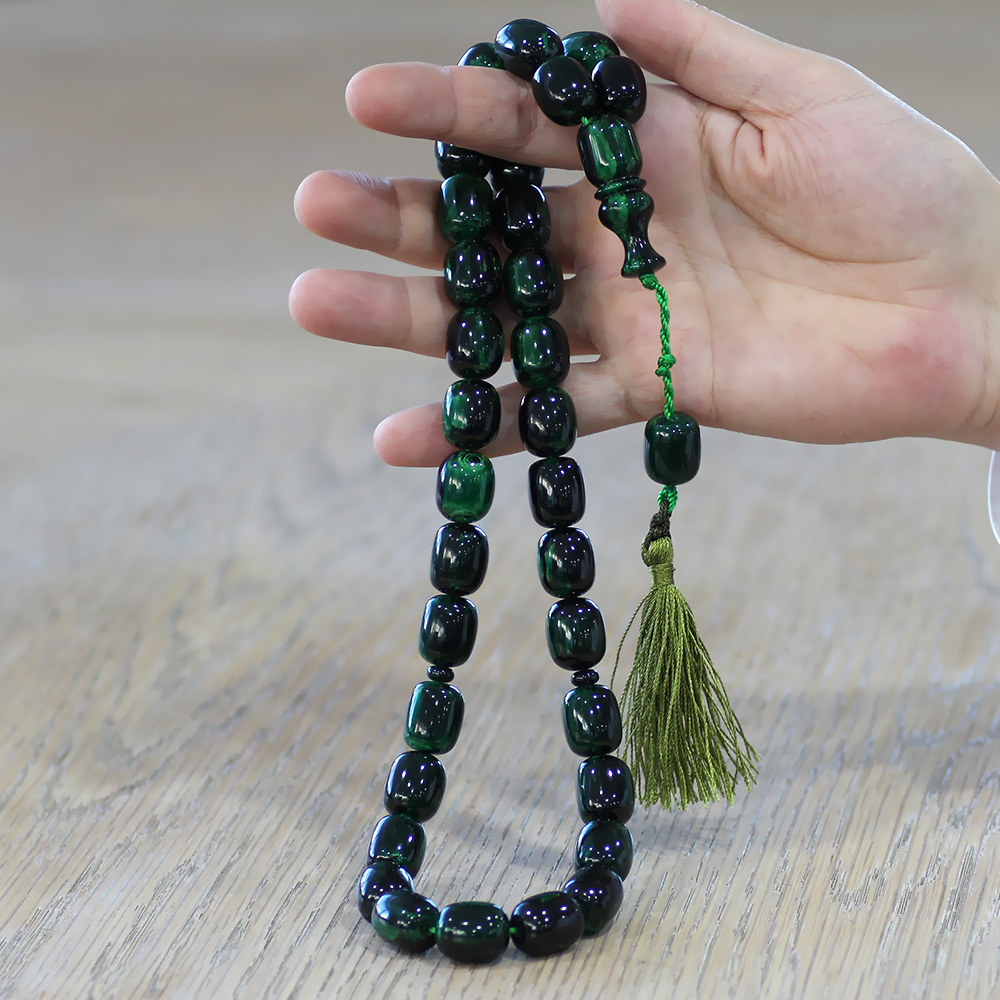 Ateş Kehribar Tesbih - Osmanlı Saray Püsküllü - Yeşil Siyah Renk - Mega Boy - Kapsül Kesim - 2