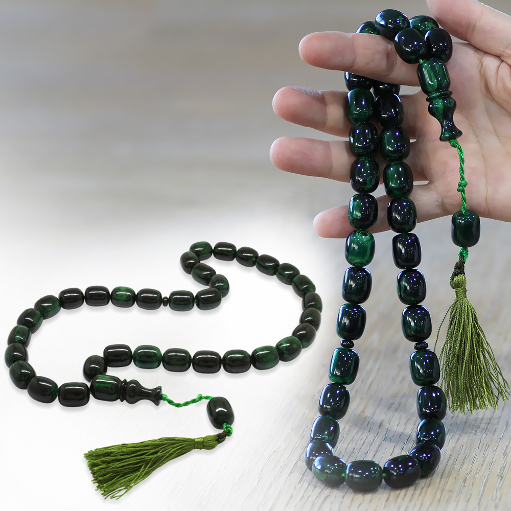 Ateş Kehribar Tesbih - Osmanlı Saray Püsküllü - Yeşil Siyah Renk - Mega Boy - Kapsül Kesim - 1