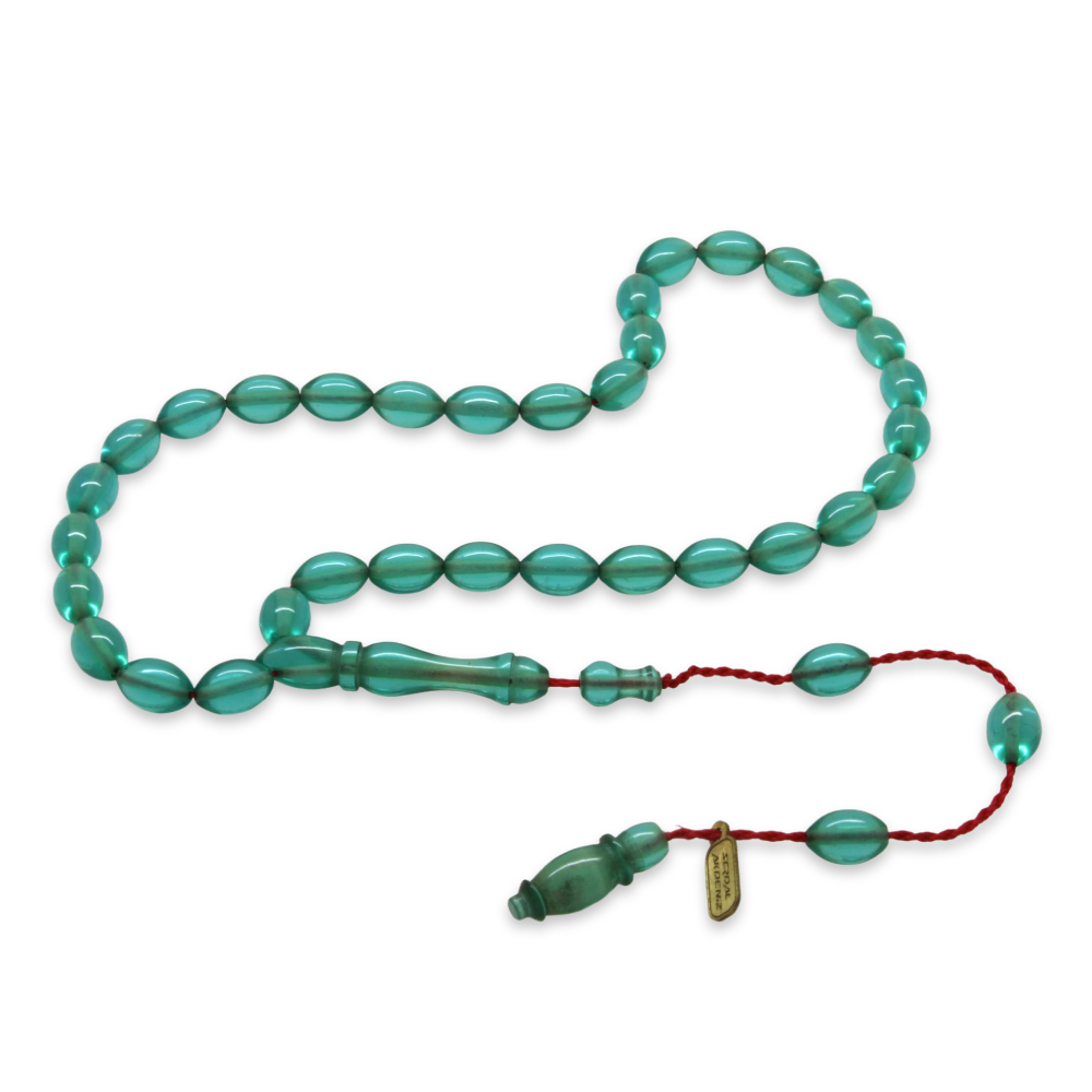 Ateş Kehribar Tesbih - Sistemli - Mini Boy - Su Yeşili Renk - Arpa Kesim - 1