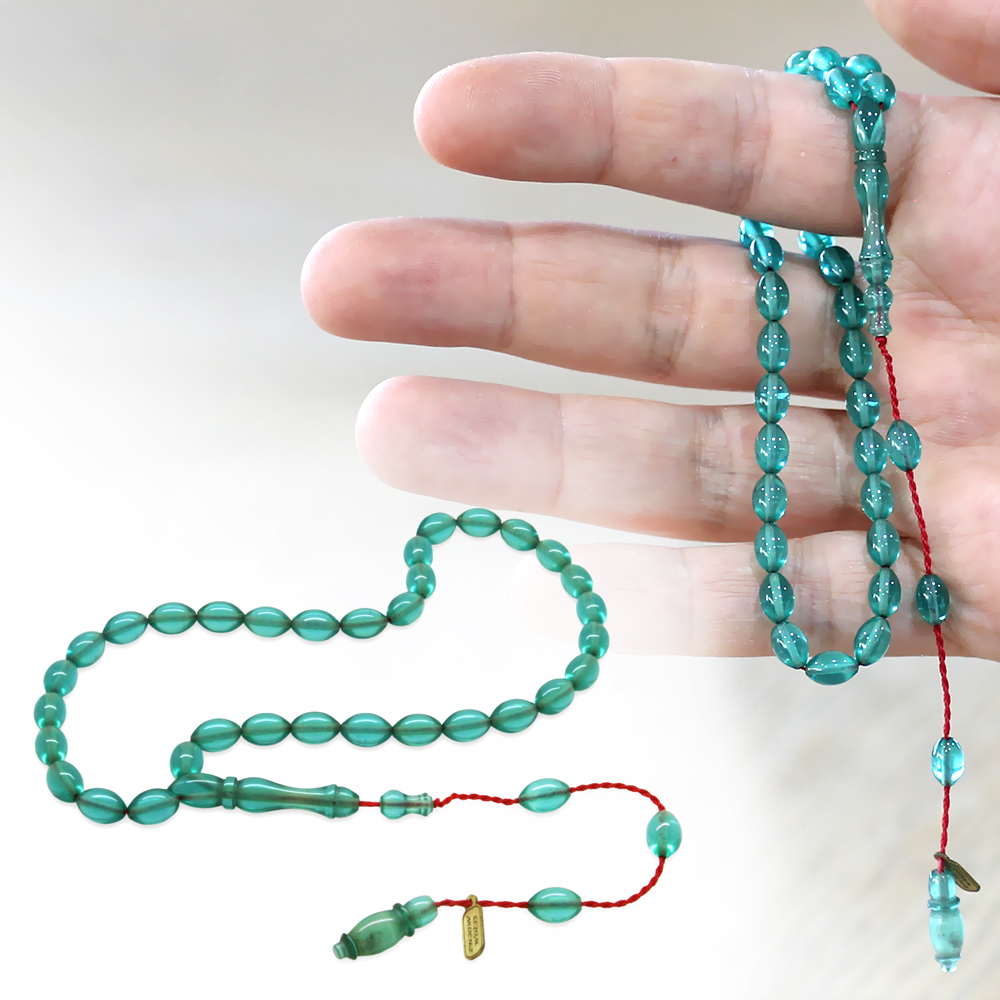 Ateş Kehribar Tesbih - Sistemli - Mini Boy - Su Yeşili Renk - Arpa Kesim - 1