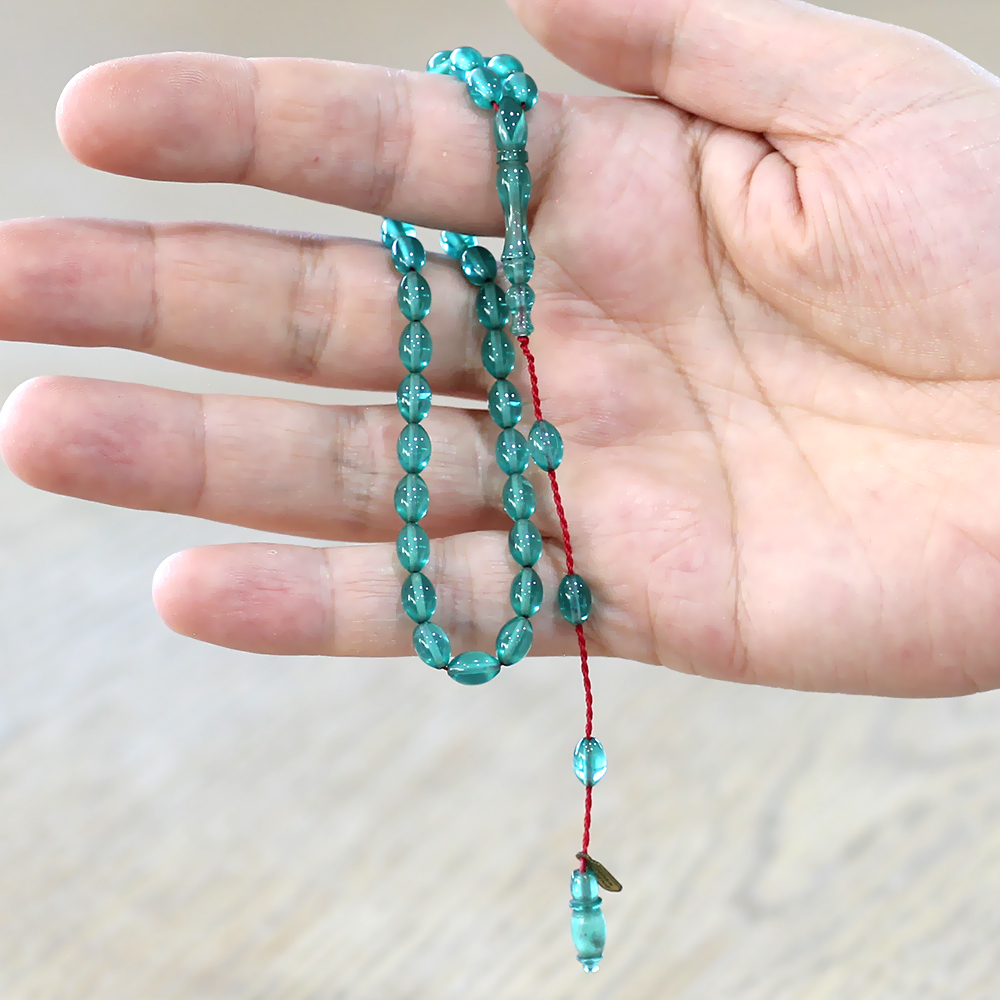 Ateş Kehribar Tesbih - Sistemli - Mini Boy - Su Yeşili Renk - Arpa Kesim - 2