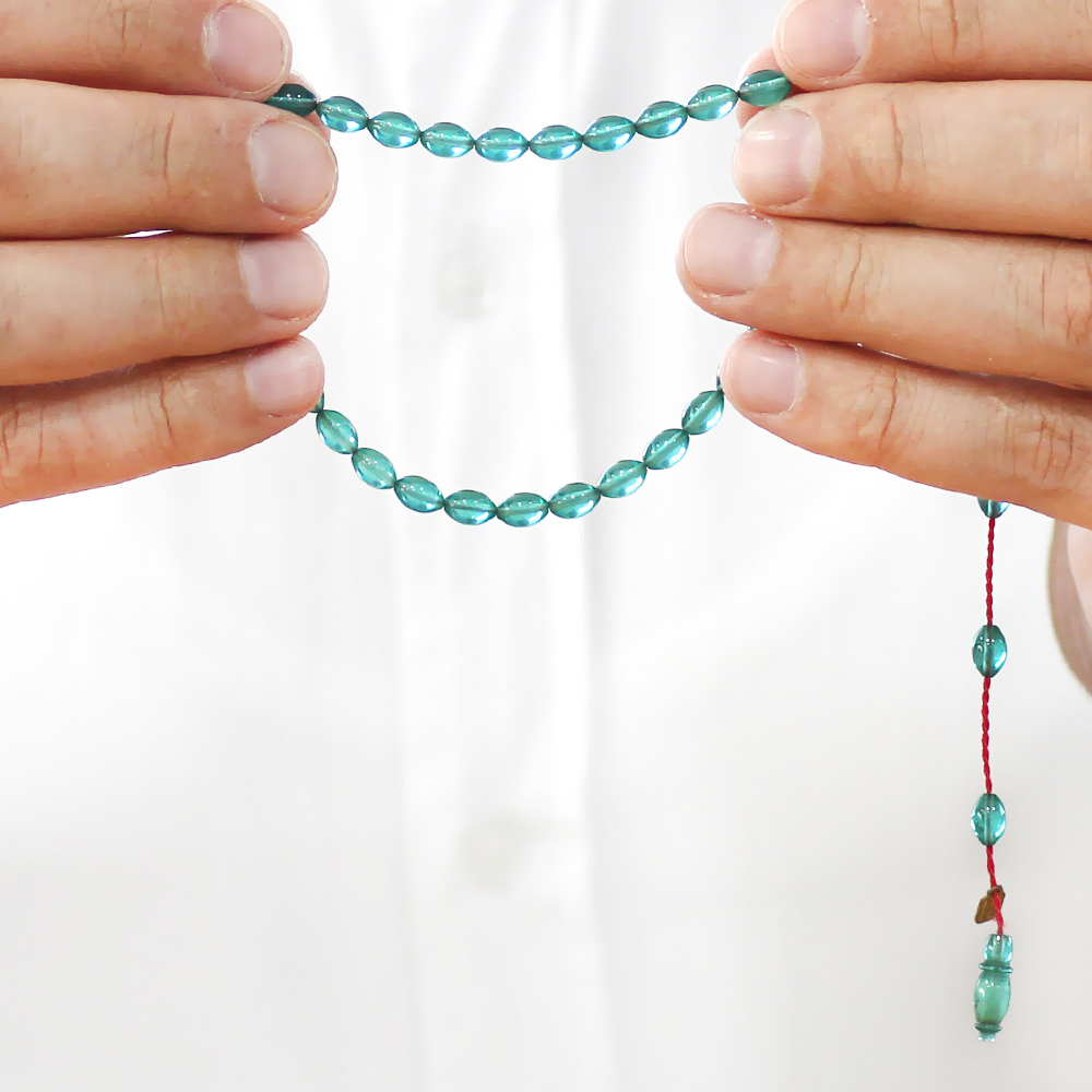 Ateş Kehribar Tesbih - Sistemli - Mini Boy - Su Yeşili Renk - Arpa Kesim - 3