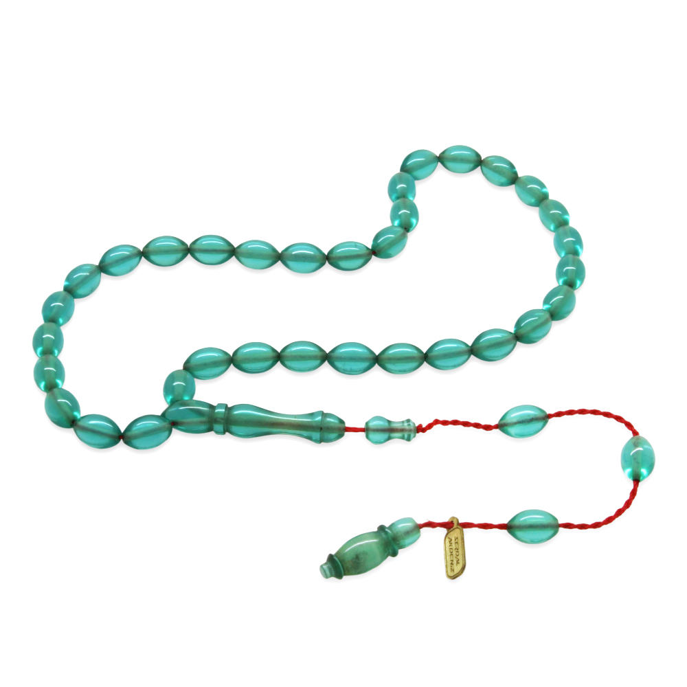 Ateş Kehribar Tesbih - Sistemli - Mini Boy - Su Yeşili Renk - Arpa Kesim - 4