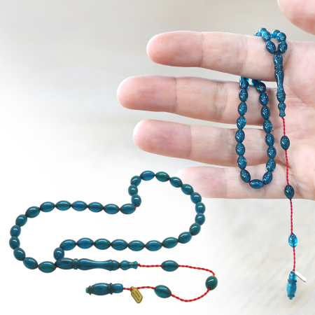 Ateş Kehribar Tesbih - Sistemli - Mini Boy - Turkuaz Renk - Arpa Kesim - Tesbihane