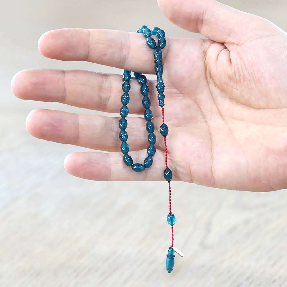 Ateş Kehribar Tesbih - Sistemli - Mini Boy - Turkuaz Renk - Arpa Kesim - 2