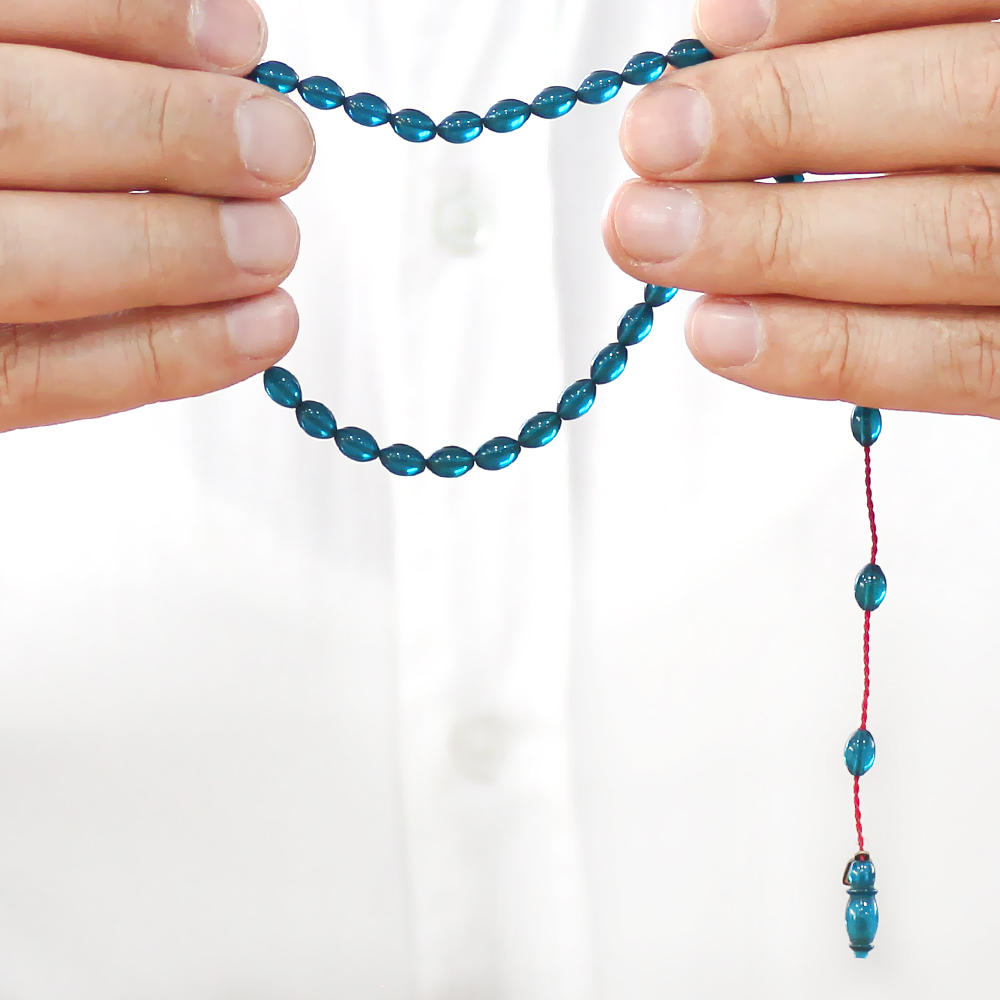 Ateş Kehribar Tesbih - Sistemli - Mini Boy - Turkuaz Renk - Arpa Kesim - 3