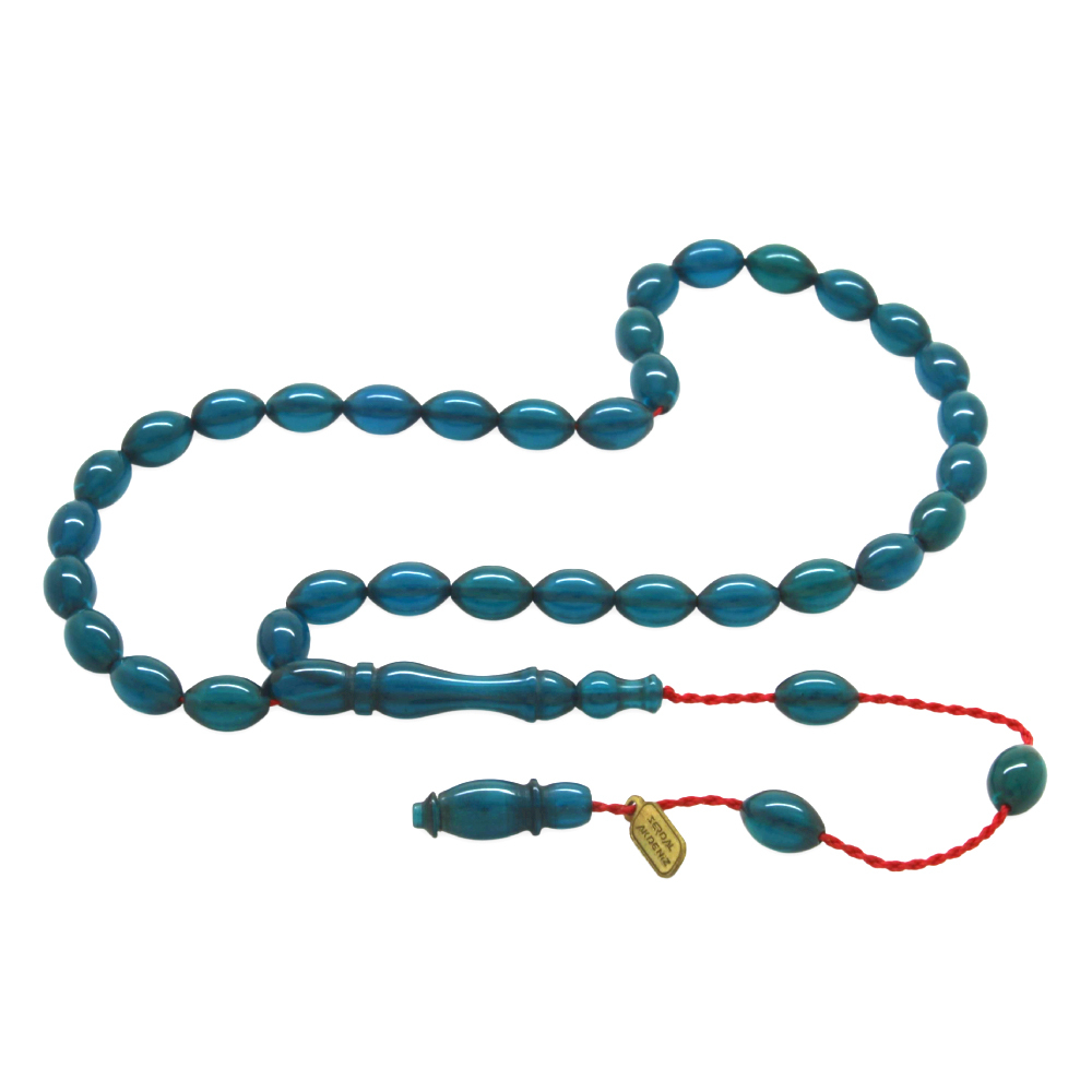 Ateş Kehribar Tesbih - Sistemli - Mini Boy - Turkuaz Renk - Arpa Kesim - 4