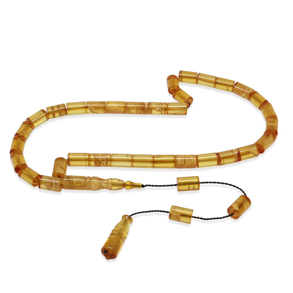 Ateş Kehribar Tesbih - Sistemli - Sarı Beyaz Hareli - Kesme Kesim - 2