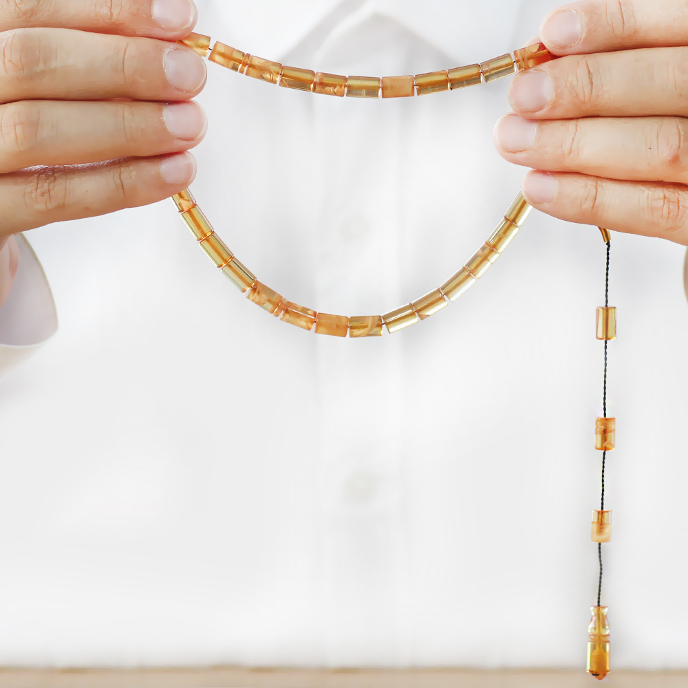 Ateş Kehribar Tesbih - Sistemli - Sarı Beyaz Hareli - Kesme Kesim - 4