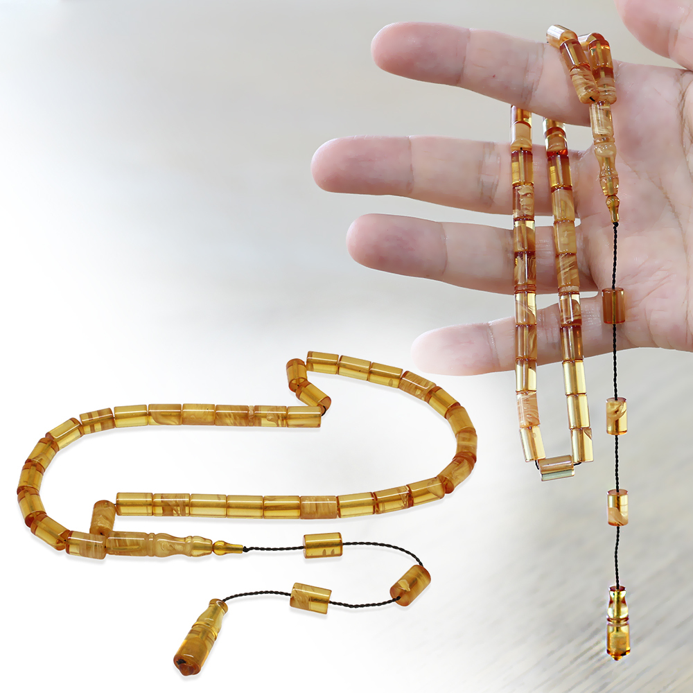 Ateş Kehribar Tesbih - Sistemli - Sarı Beyaz Hareli - Kesme Kesim - 1