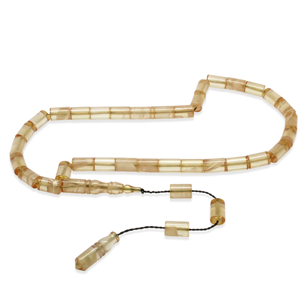 Ateş Kehribar Tesbih - Sistemli - Şeffaf Beyaz Hareli - Kesme Kesim - 2