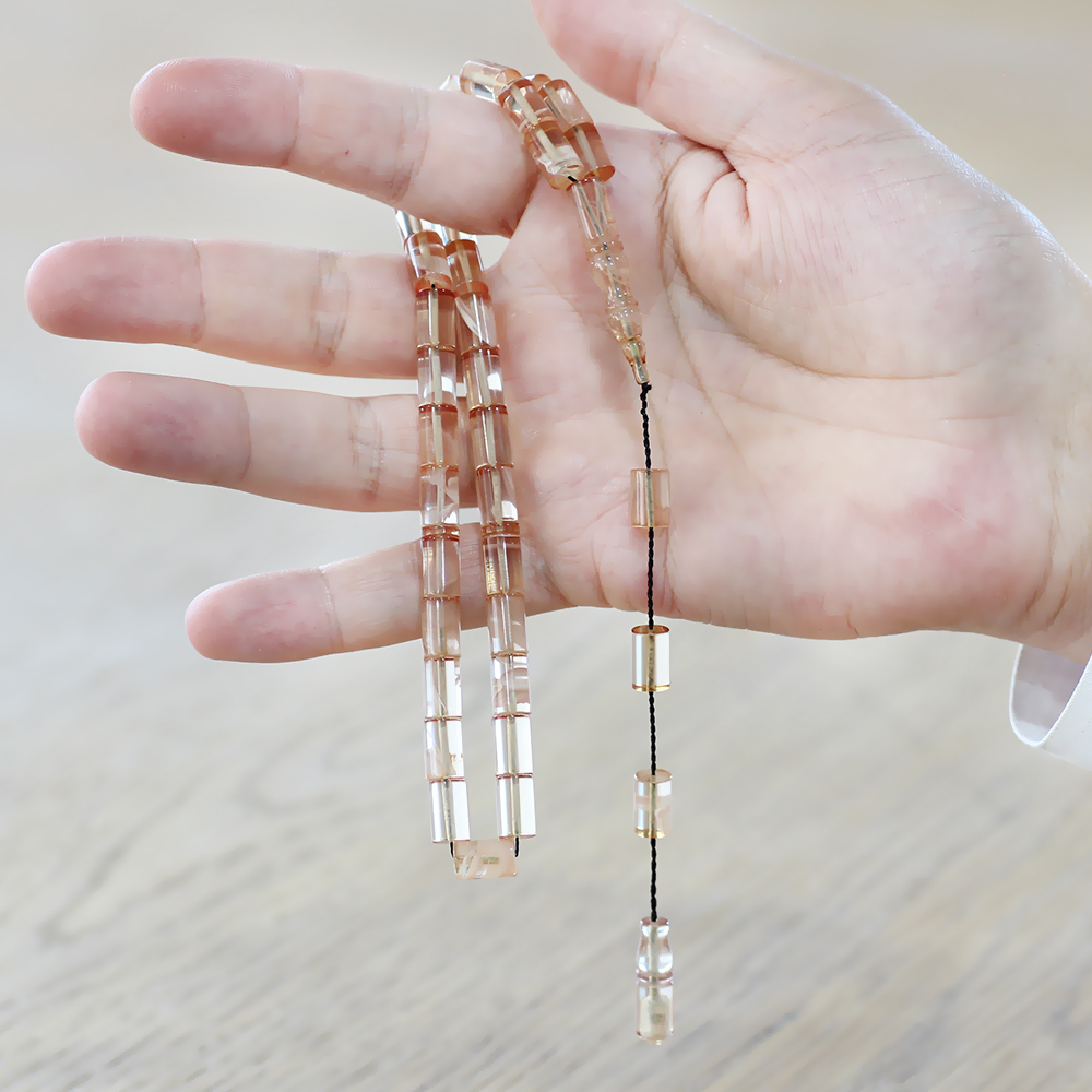 Ateş Kehribar Tesbih - Sistemli - Şeffaf Beyaz Hareli - Kesme Kesim - 3