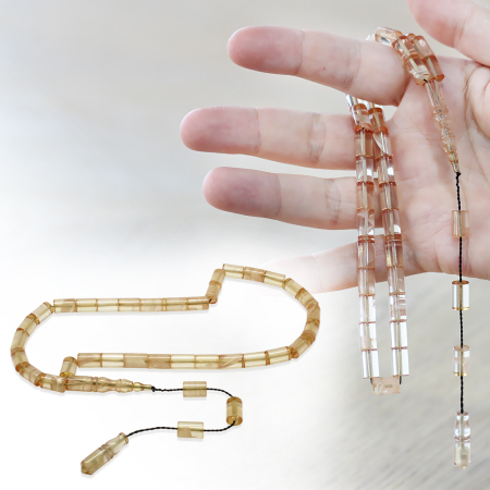 Ateş Kehribar Tesbih - Sistemli - Şeffaf Beyaz Hareli - Kesme Kesim - Tesbihane