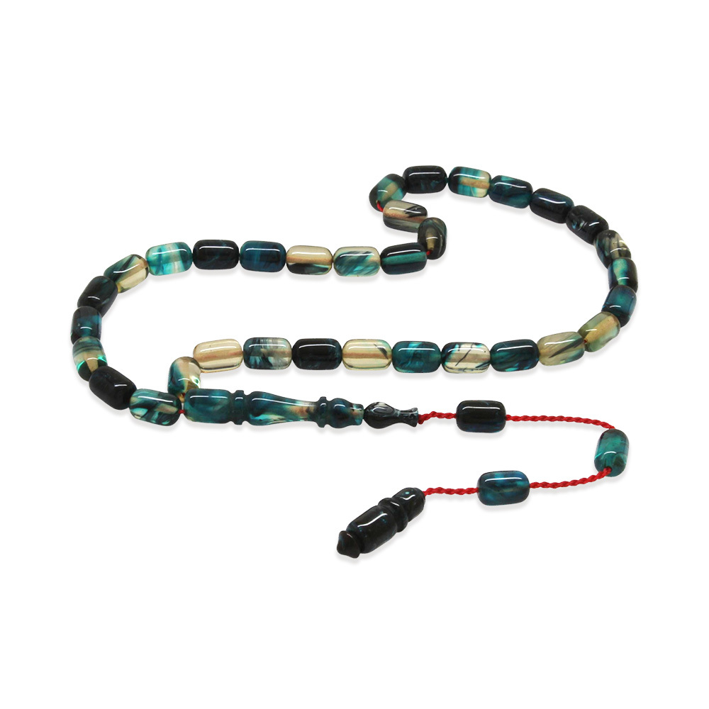 Ateş Kehribar Tesbih - Sistemli - Mavi Beyaz Ebruli Renk - Mini Boy - Kapsül Kesim - 4