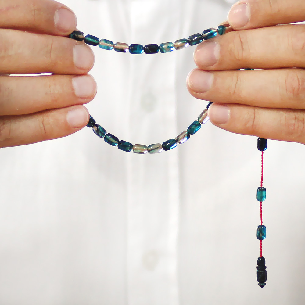 Ateş Kehribar Tesbih - Sistemli - Mavi Beyaz Ebruli Renk - Mini Boy - Kapsül Kesim - 3