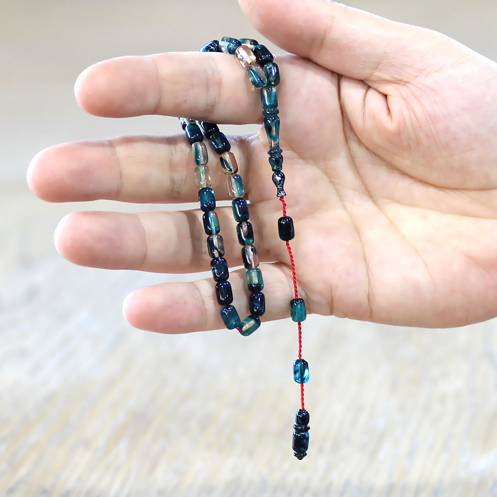 Ateş Kehribar Tesbih - Sistemli - Mavi Beyaz Ebruli Renk - Mini Boy - Kapsül Kesim - 2