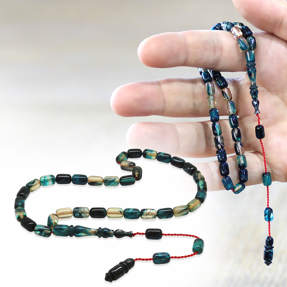 Ateş Kehribar Tesbih - Sistemli - Mavi Beyaz Ebruli Renk - Mini Boy - Kapsül Kesim - 1