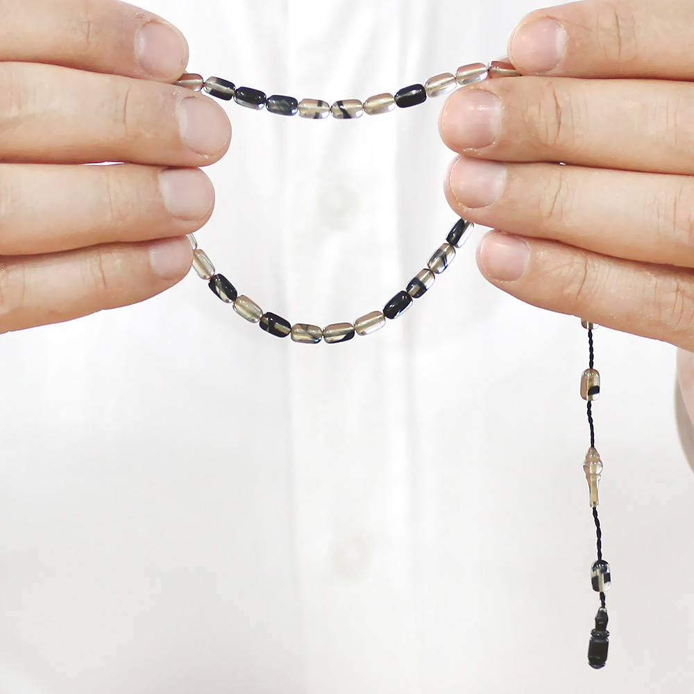 Ateş Kehribar Tesbih - Sistemli Tasarım - Mini Boy - Siyah Beyaz - Kapsül Kesim - 3