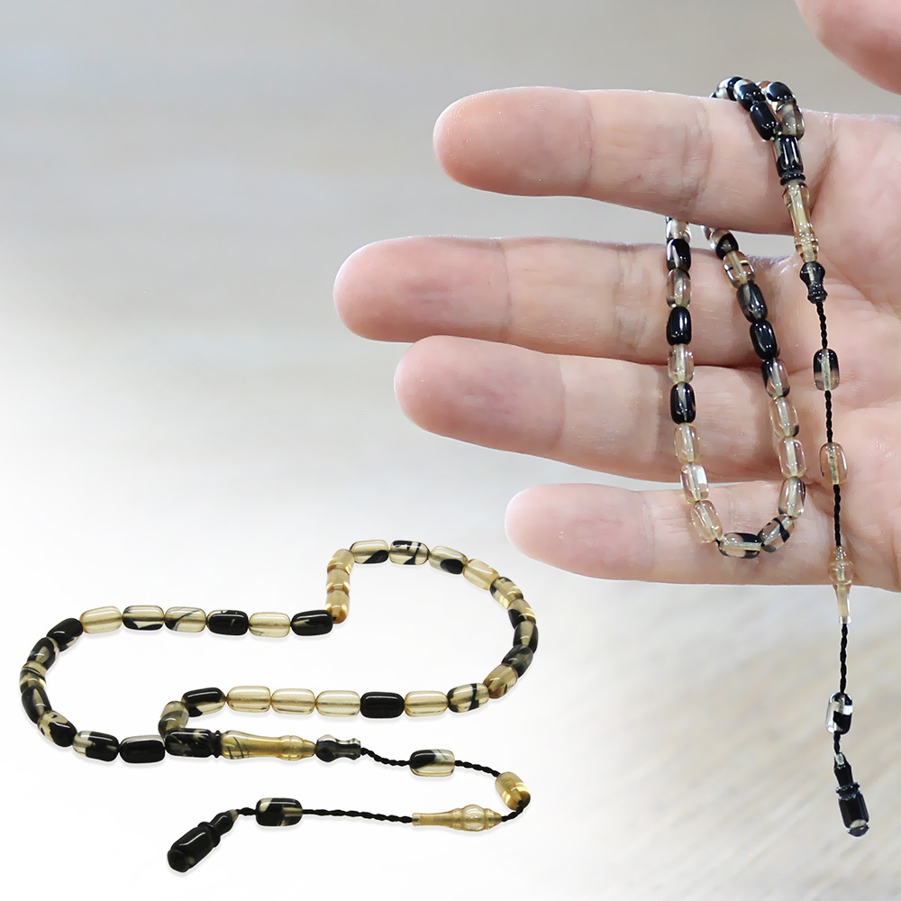 Ateş Kehribar Tesbih - Sistemli Tasarım - Mini Boy - Siyah Beyaz - Kapsül Kesim - 1