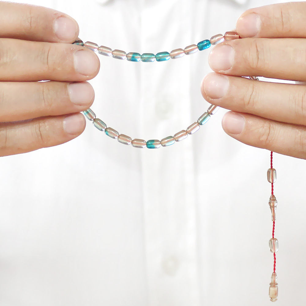 Ateş Kehribar Tesbih - Sistemli Tasarım - Mini Boy - Turkuaz Beyaz - Kapsül Kesim - 3