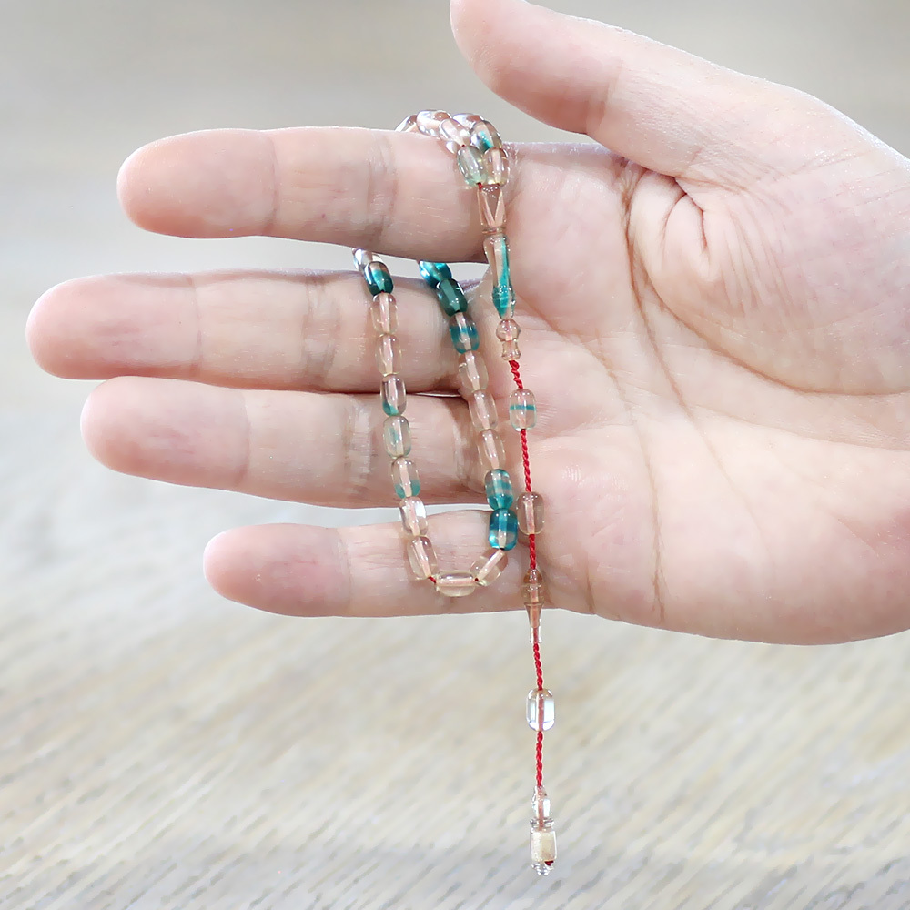 Ateş Kehribar Tesbih - Sistemli Tasarım - Mini Boy - Turkuaz Beyaz - Kapsül Kesim - 2