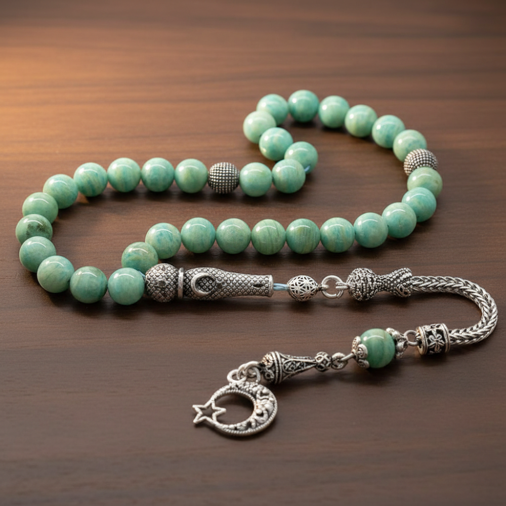 Kararmaz Metal Püsküllü Küre Kesim Turkuaz Amazonit Doğaltaş Tesbih - 2