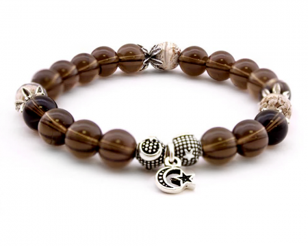 925 Ayar Gümüş Ayyıldız Kombinli Küre Kesim Dumanlı Kuvars ve Akik Bileklik - Tesbihane